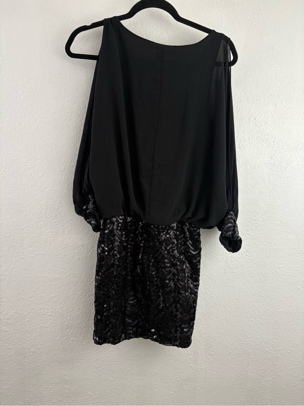 Coco Avante cold-shoulder blouson black cocktail dress draped batwing sleeves  S